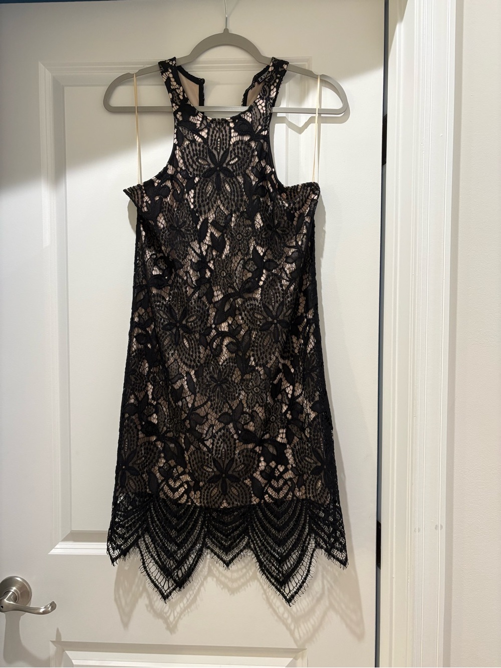 Express Women's XS Black & Nude High-Neck Lace Mini Dress